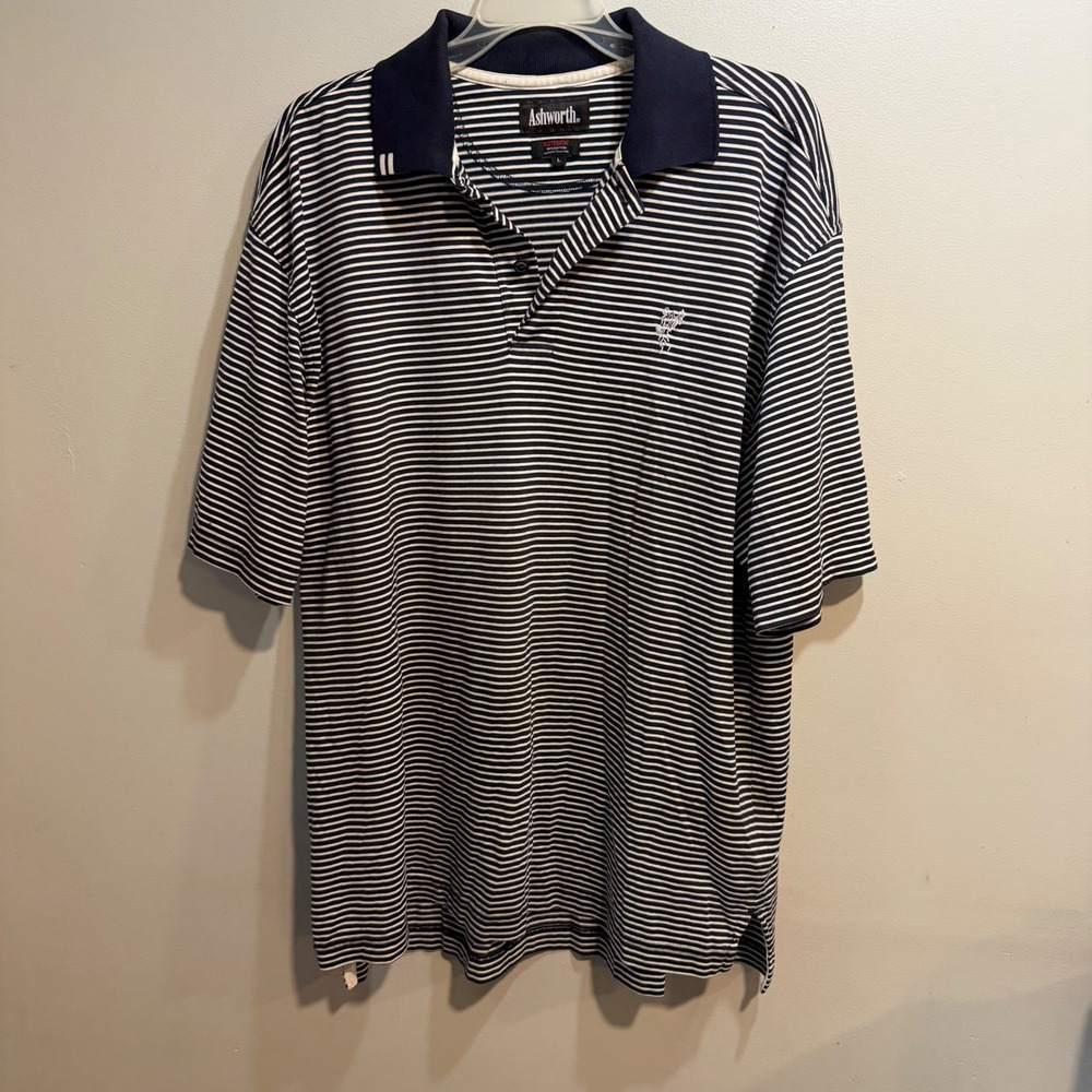 Ashworth Mens EZ-Tech Cotton Striped Golf Polo Shirt Navy Blue White Large 427
